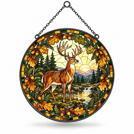 Golden Dawn Woodland Stag Suncatcher, Forest Wildlife Glass Ornament