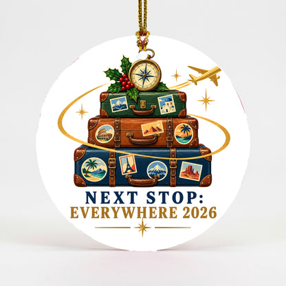 Next Stop Everywhere Luggage Badge Ceramic Christmas Ornament