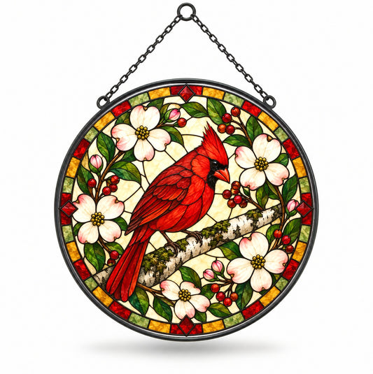 Crimson Cardinal Glass Suncatcher Window Hanging Ornament