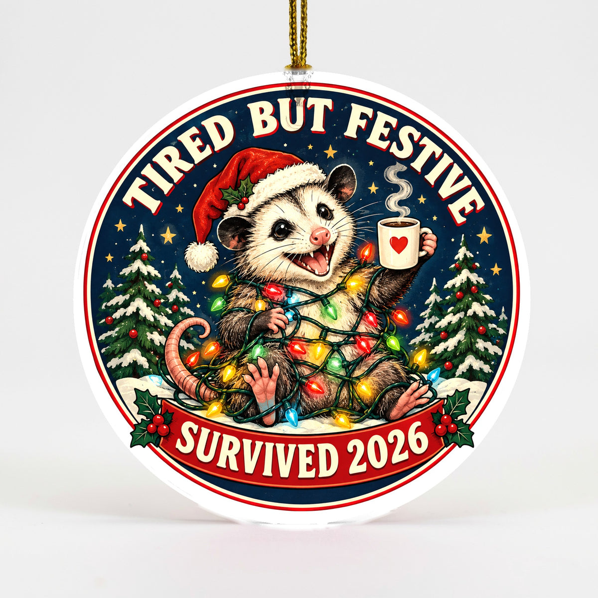 Tangled Opossum Christmas Ornament, Tired But Festive 2026 Holiday Gift