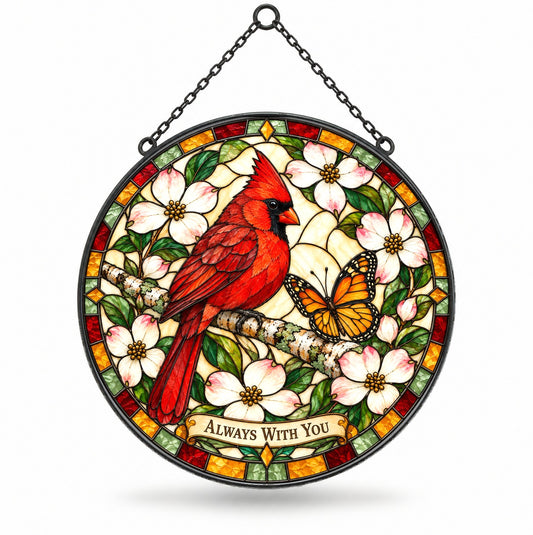 Cardinal and Butterfly Memorial Glass Suncatcher Window Ornament