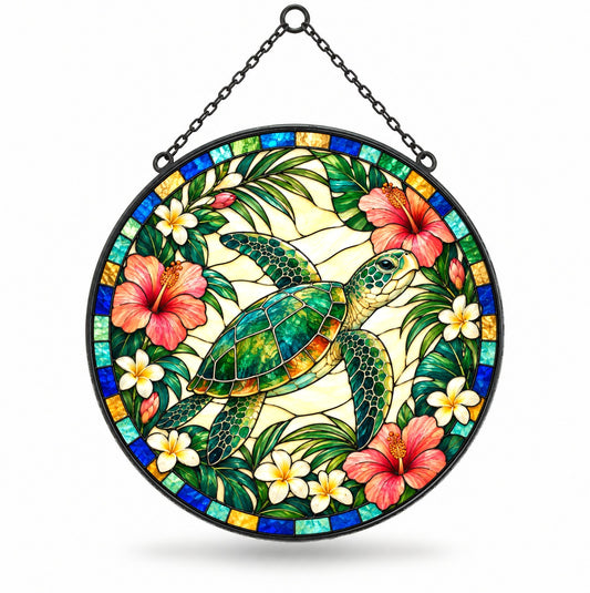 Sea Turtle Glass Suncatcher Window Ornament, Coastal Beach Art