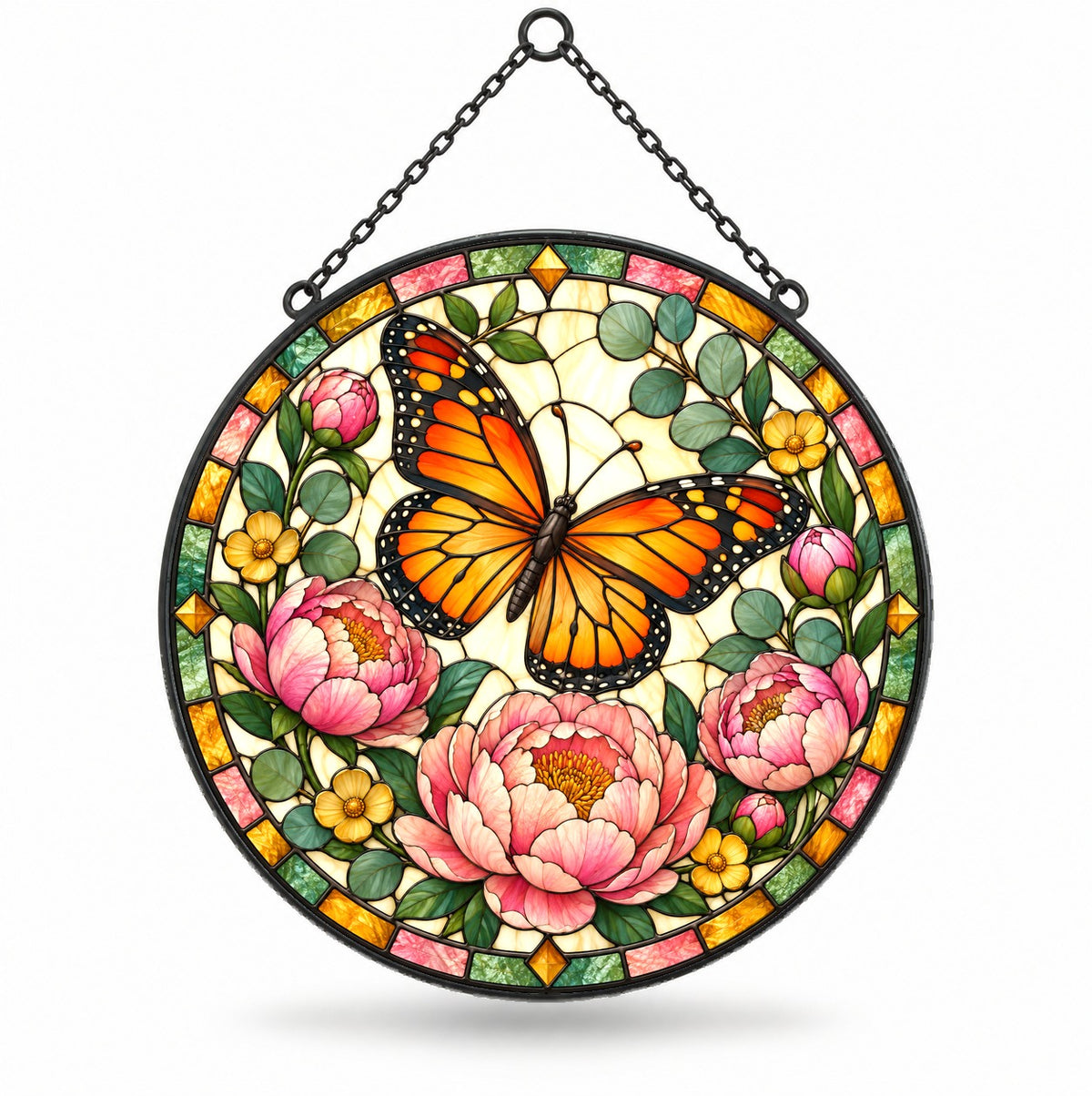 Monarch and Peony Suncatcher, Floral Butterfly Glass Hanging Ornament