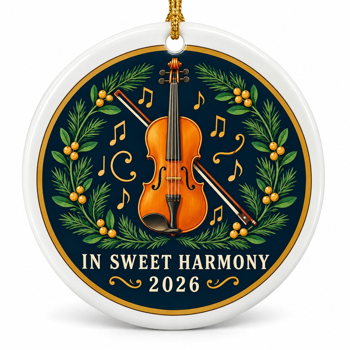 Harmonious Yuletide Fiddle Ceramic Christmas Ornament, Violin Music Gift