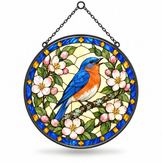 Songbird in Spring Orchard Glass Window Suncatcher Ornament