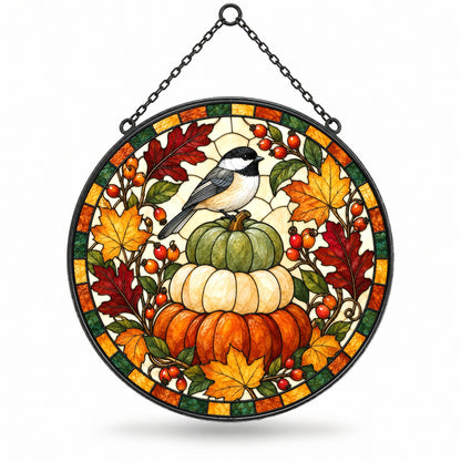Autumn Songbird and Pumpkins Suncatcher Fall Window Hanging Ornament