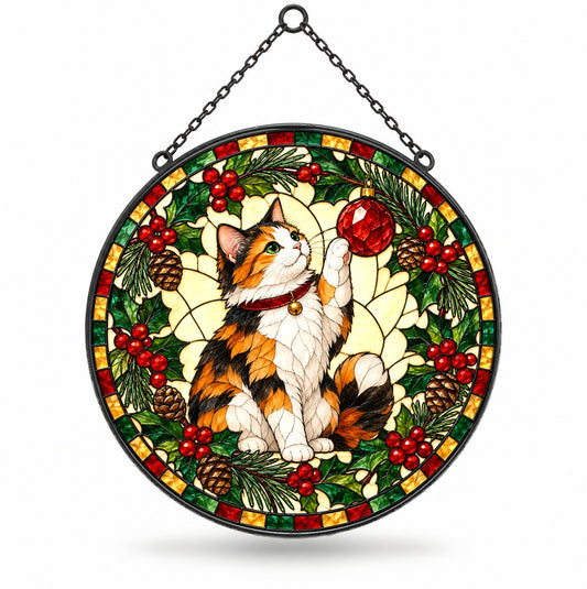 Festive Calico Cat Holiday Suncatcher Glass Ornament