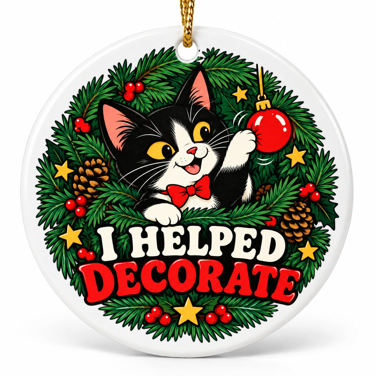 Tuxedo Cat Christmas Ornament, Funny Tree Inspector Ceramic Keepsake