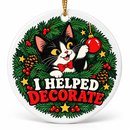 Tuxedo Cat Christmas Ornament, Funny Tree Inspector Ceramic Keepsake