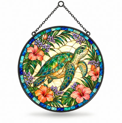 Sea Turtle Coastal Stained Glass Suncatcher Window Hanging Ornament