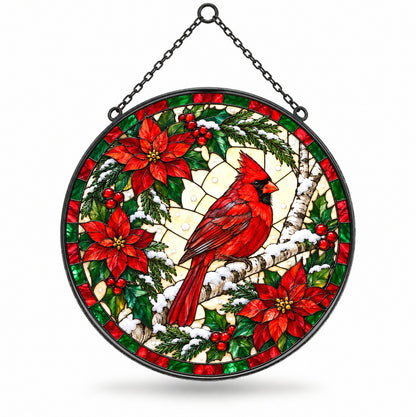 Winter Cardinal on Birch Suncatcher, Glass Christmas Holiday Ornament