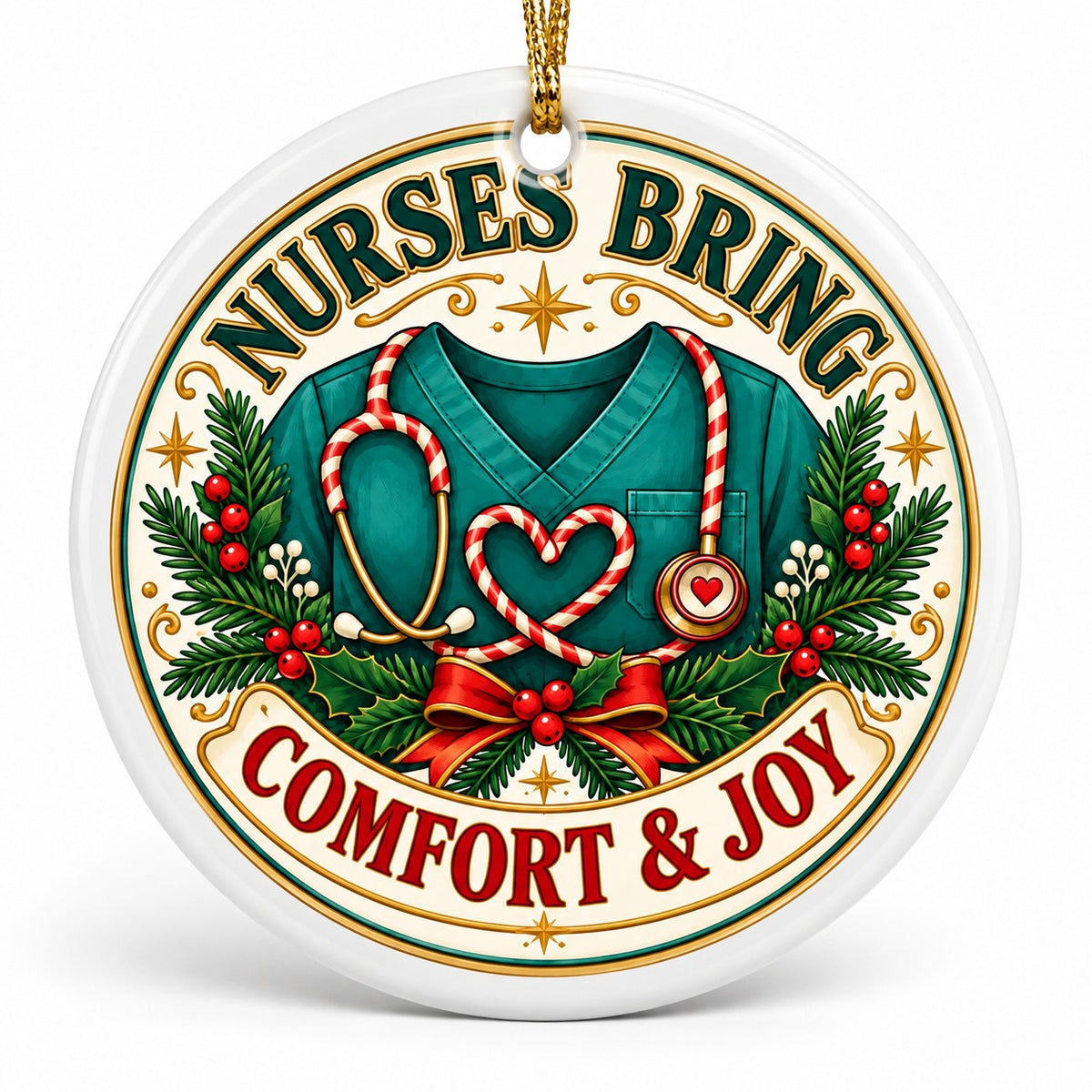 Comfort and Joy Scrub Heart Ceramic Christmas Ornament, Nurse Gift