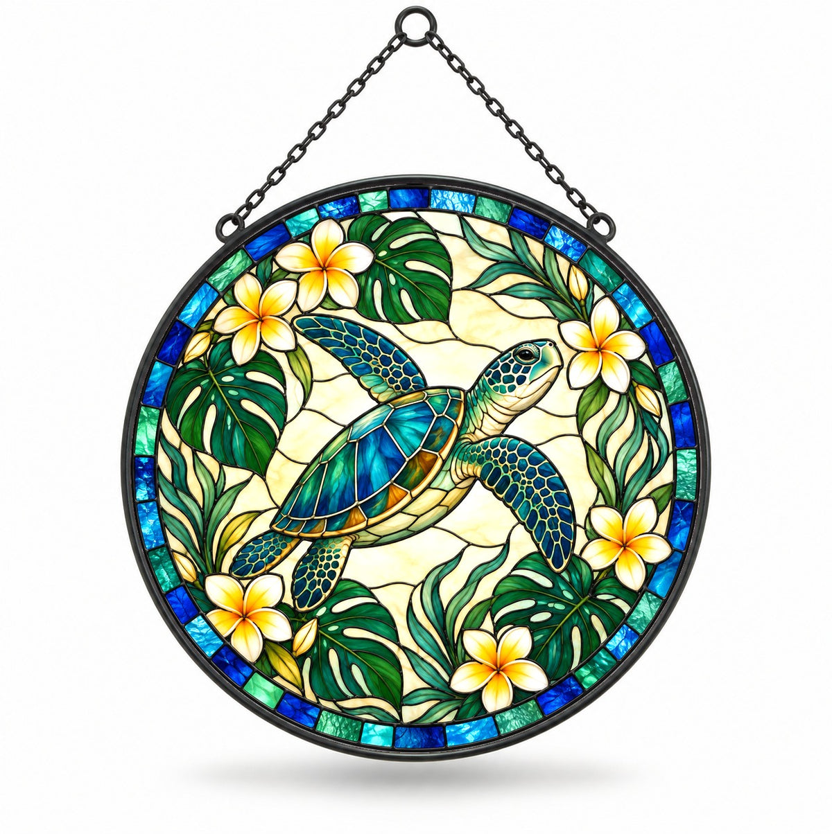 Sunlit Sea Turtle Stained Glass Suncatcher Window Hanging Ornament