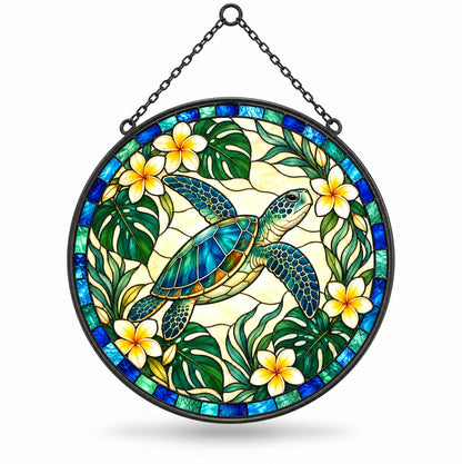 Sunlit Sea Turtle Stained Glass Suncatcher Window Hanging Ornament