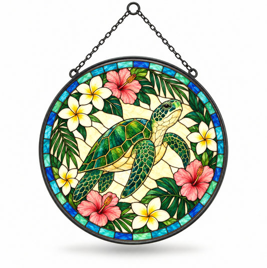 Tropical Bloom Sea Turtle Suncatcher, Coastal Glass Window Ornament