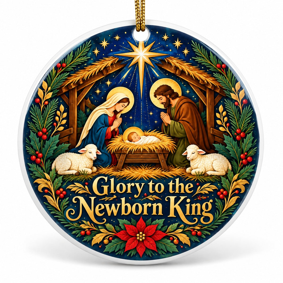 Folk Art Holy Night Nativity Scene Ceramic Christmas Ornament