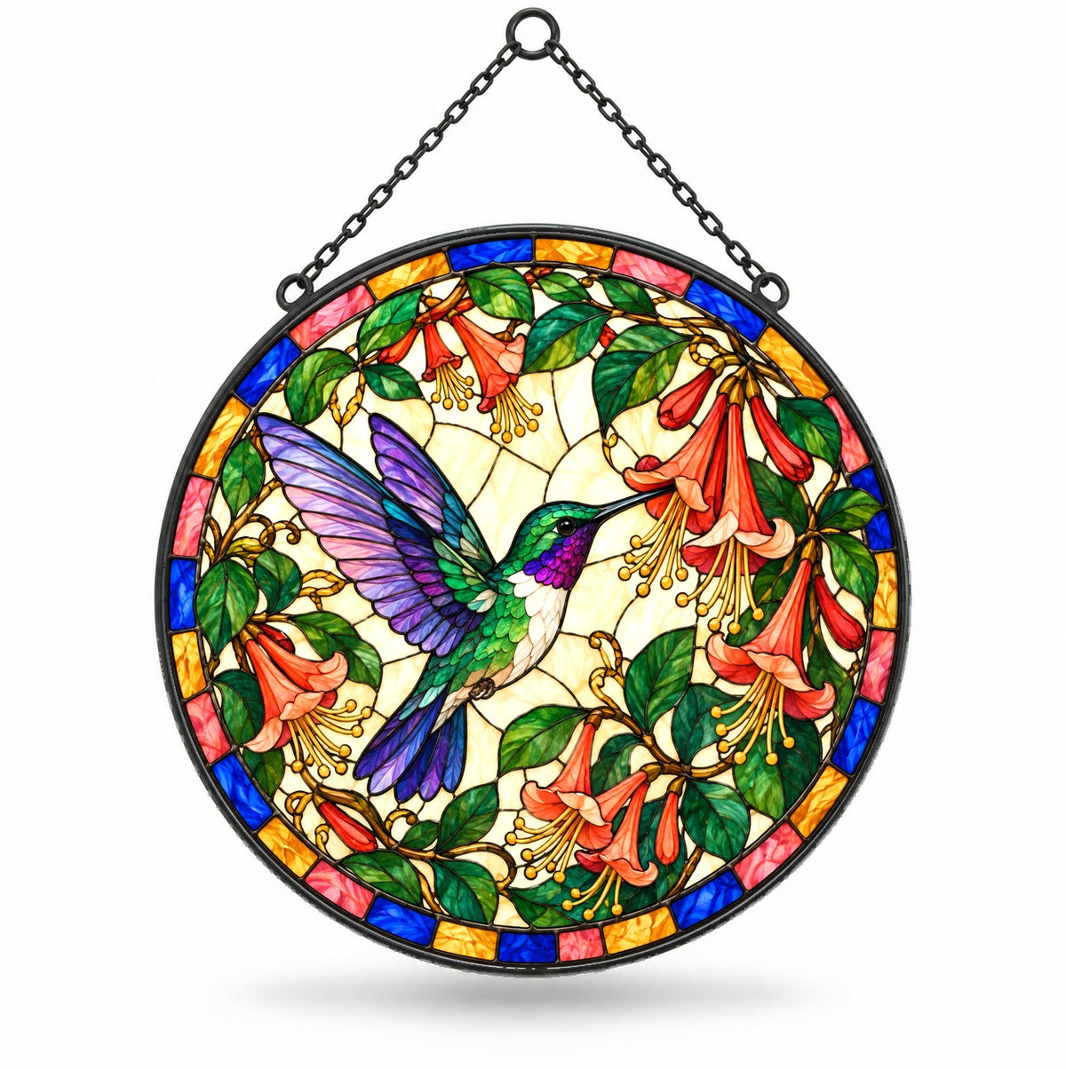 Hummingbird and Honeysuckle Glass Suncatcher Window Ornament