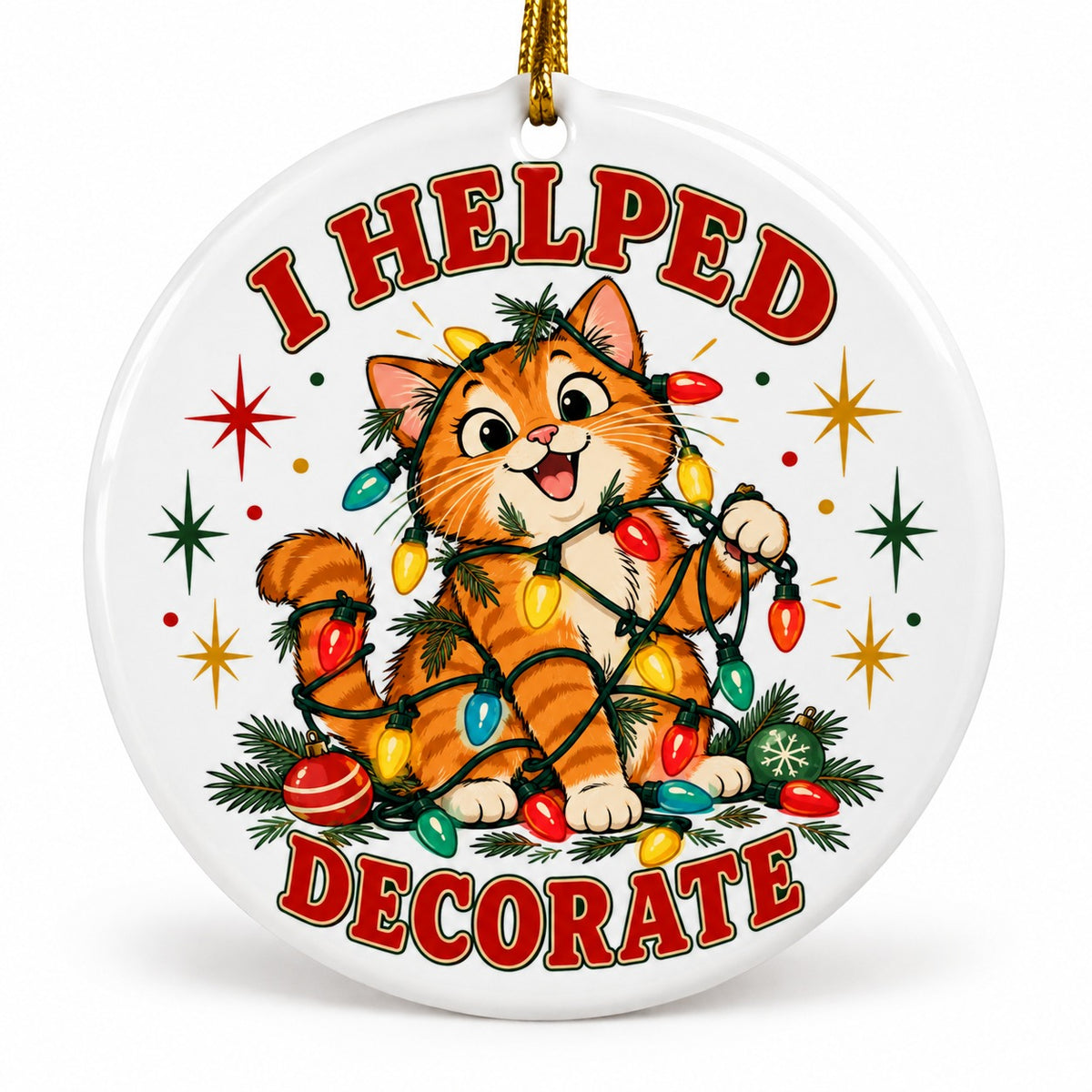 Tangled Tabby Tree Helper Ceramic Christmas Ornament, Cat Decor