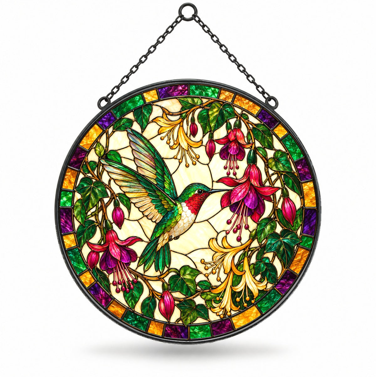 Ruby Hummingbird Fuchsia Bloom Glass Suncatcher Window Ornament