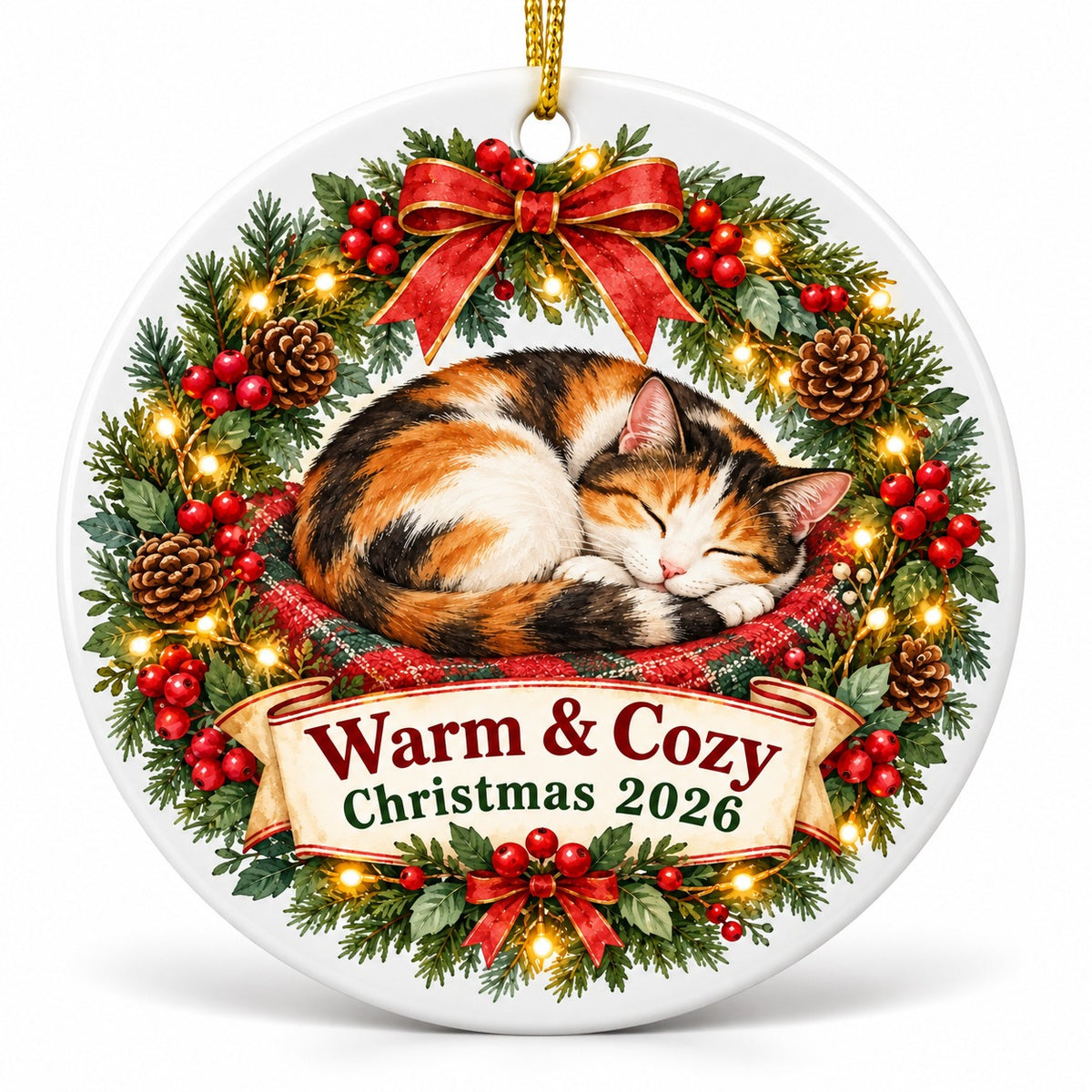Sleeping Cat Wreath Keepsake Ceramic Christmas Ornament