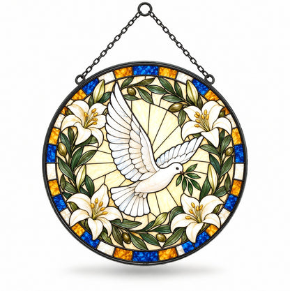 Grace and Peace Descending Dove Glass Suncatcher Hanging Ornament