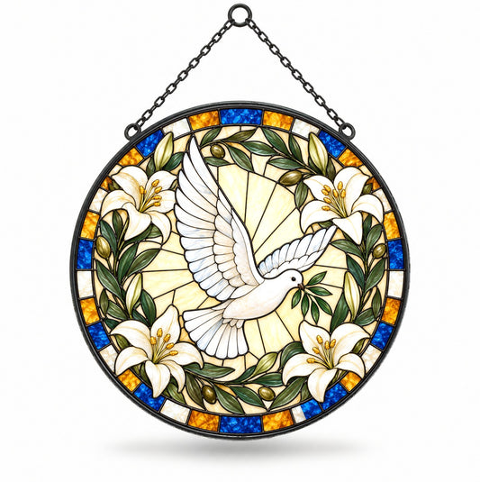 Grace and Peace Descending Dove Glass Suncatcher Hanging Ornament