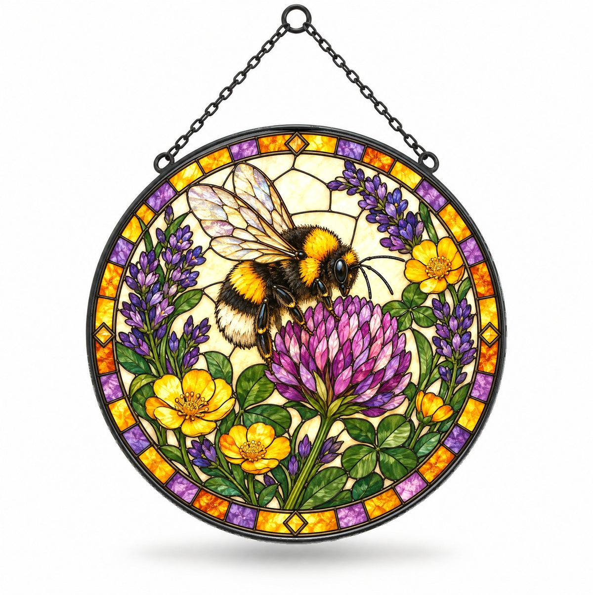 Lavender Meadow Bumblebee Stained Glass Style Suncatcher Hanging