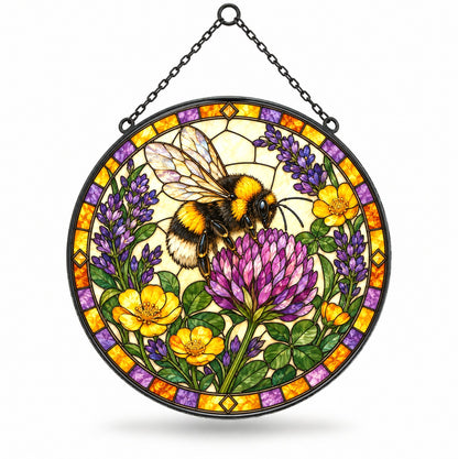 Lavender Meadow Bumblebee Stained Glass Style Suncatcher Hanging
