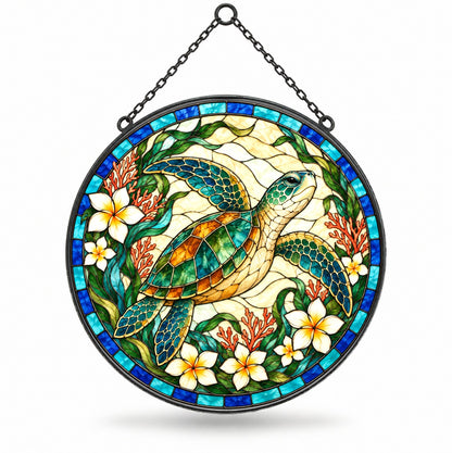 Sunlit Glide Sea Turtle Stained Glass Style Suncatcher Ornament