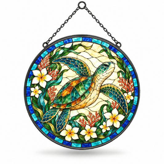 Sunlit Glide Sea Turtle Stained Glass Style Suncatcher Ornament