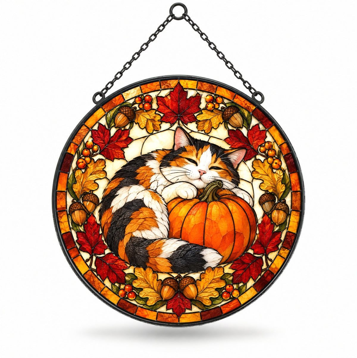 Calico Cat Autumn Pumpkin Suncatcher Ornament Stained Glass Window