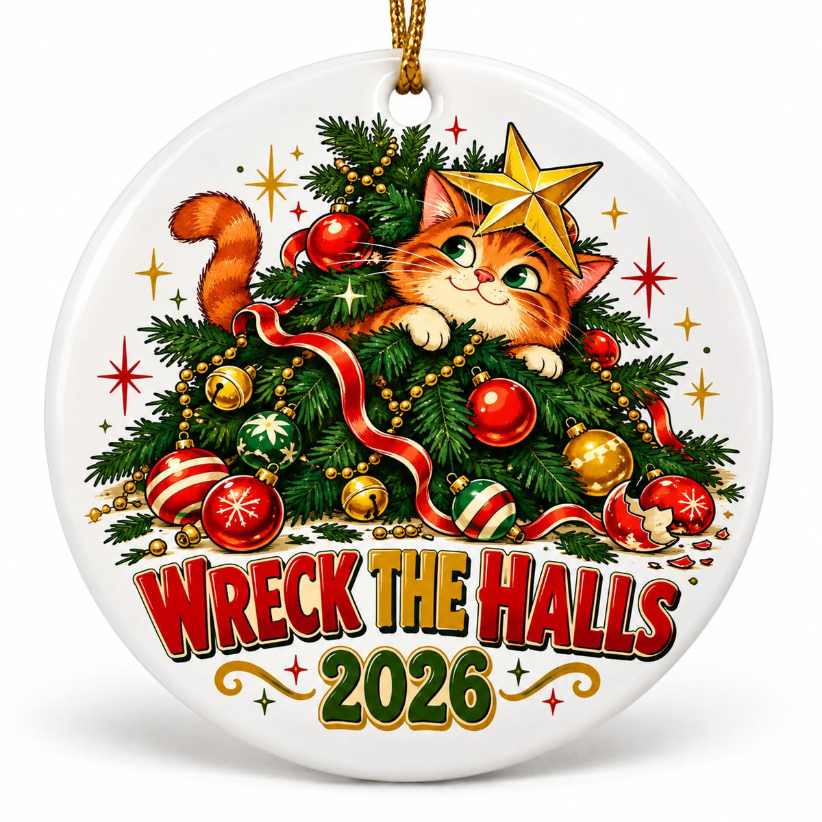 Wreck the Halls Mischief Cat Ceramic Christmas Ornament