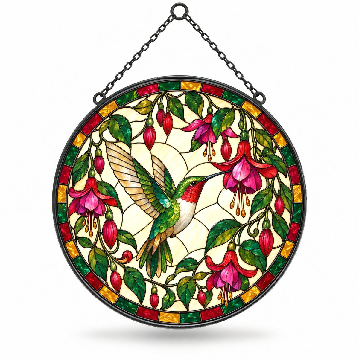 Ruby Nectar Symphony Suncatcher, Hummingbird Glass Window Ornament