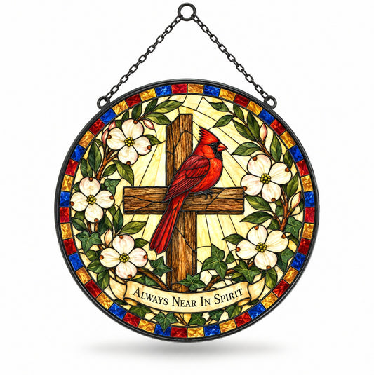 Cardinal Memorial Glass Suncatcher Window Ornament with Cross