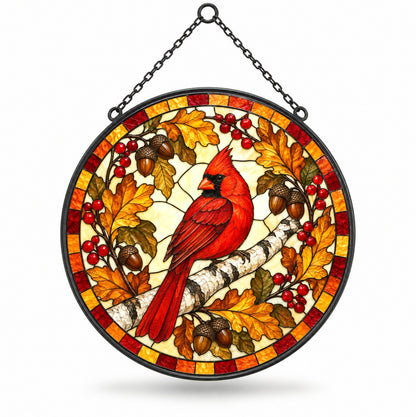 Autumn Birch Cardinal Glow Suncatcher, Memorial Bird Hanging Ornament