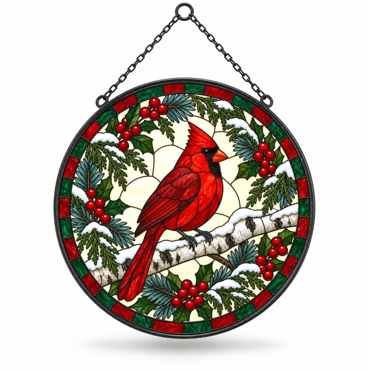 Winter Birch Cardinal Suncatcher, Hanging Glass Bird Ornament