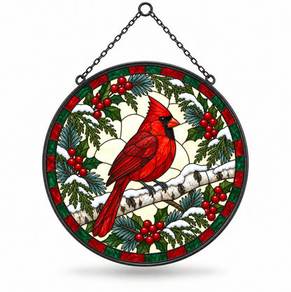 Winter Birch Cardinal Suncatcher, Hanging Glass Bird Ornament