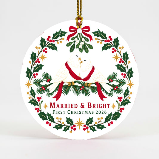 Married and Bright First Christmas Turtledoves Ceramic Ornament