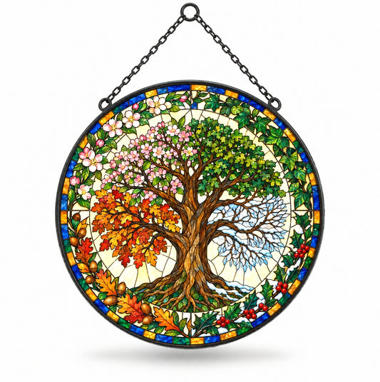 Four Seasons Tree of Life Suncatcher Glass Window Hanging Ornament