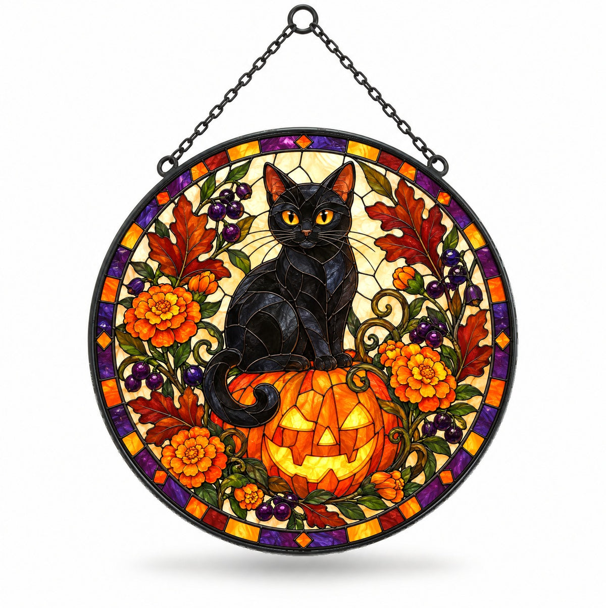 Midnight Pumpkin Familiar Cat Glass Suncatcher, Window Ornament