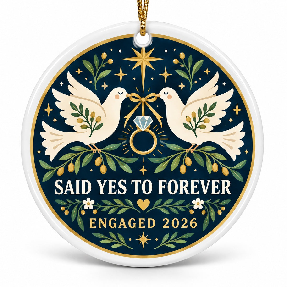 Folk Art Golden Ring Doves Engaged 2026 Ceramic Ornament