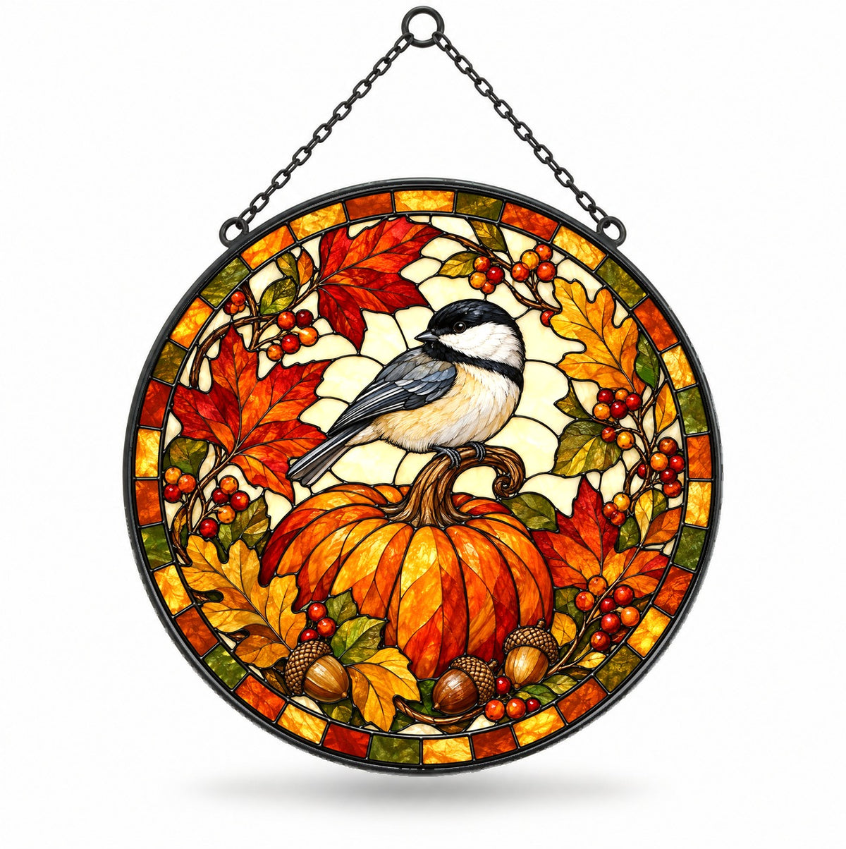 Autumn Chickadee Pumpkin Suncatcher, Fall Bird Glass Window Ornament