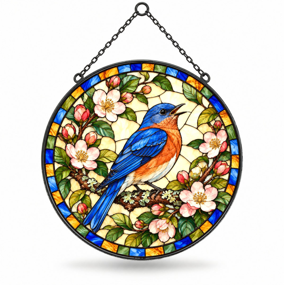 Songbird in the Orchard Glass Suncatcher Window Hanging Ornament