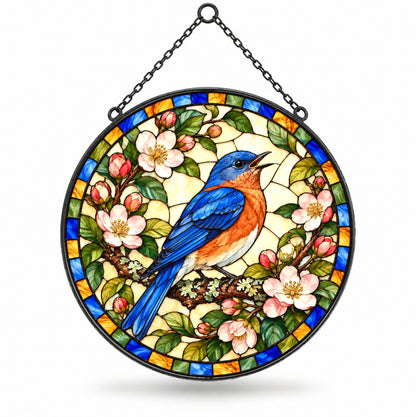 Songbird in the Orchard Glass Suncatcher Window Hanging Ornament
