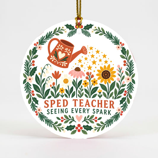 Sped Teacher Christmas Ornament, Seeing Every Spark Botanical Wreath