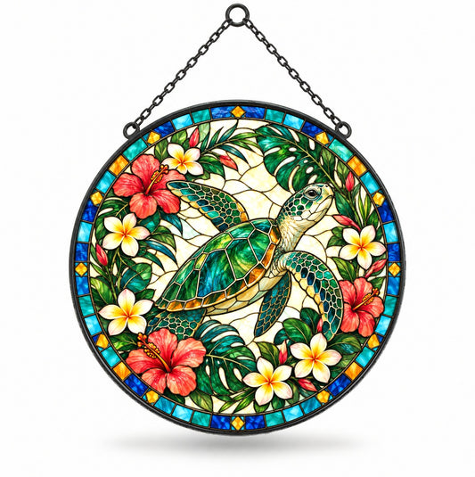 Serene Sea Turtle Stained Glass Style Suncatcher Hanging Window