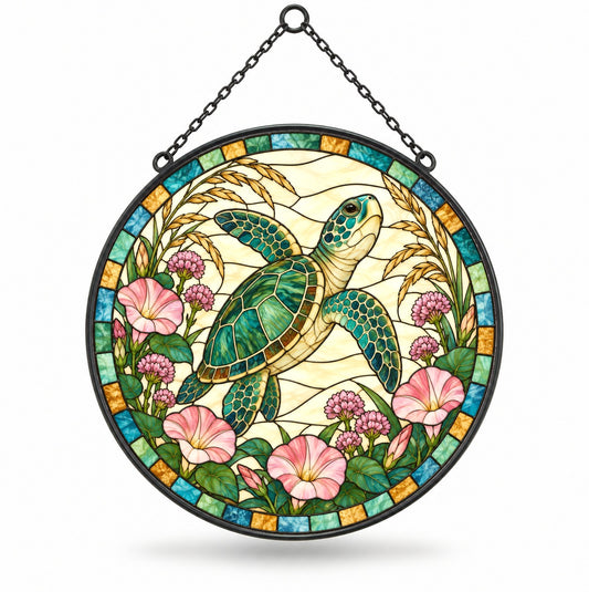 Sea Turtle Suncatcher Ornament, Coastal Stained Glass Style Window Decor