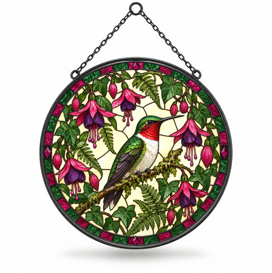 Perched Ruby Hummingbird Glass Suncatcher Hanging Window Ornament