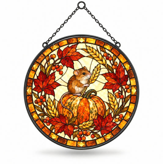 Harvest Mouse and Heirloom Pumpkin Glass Suncatcher Ornament