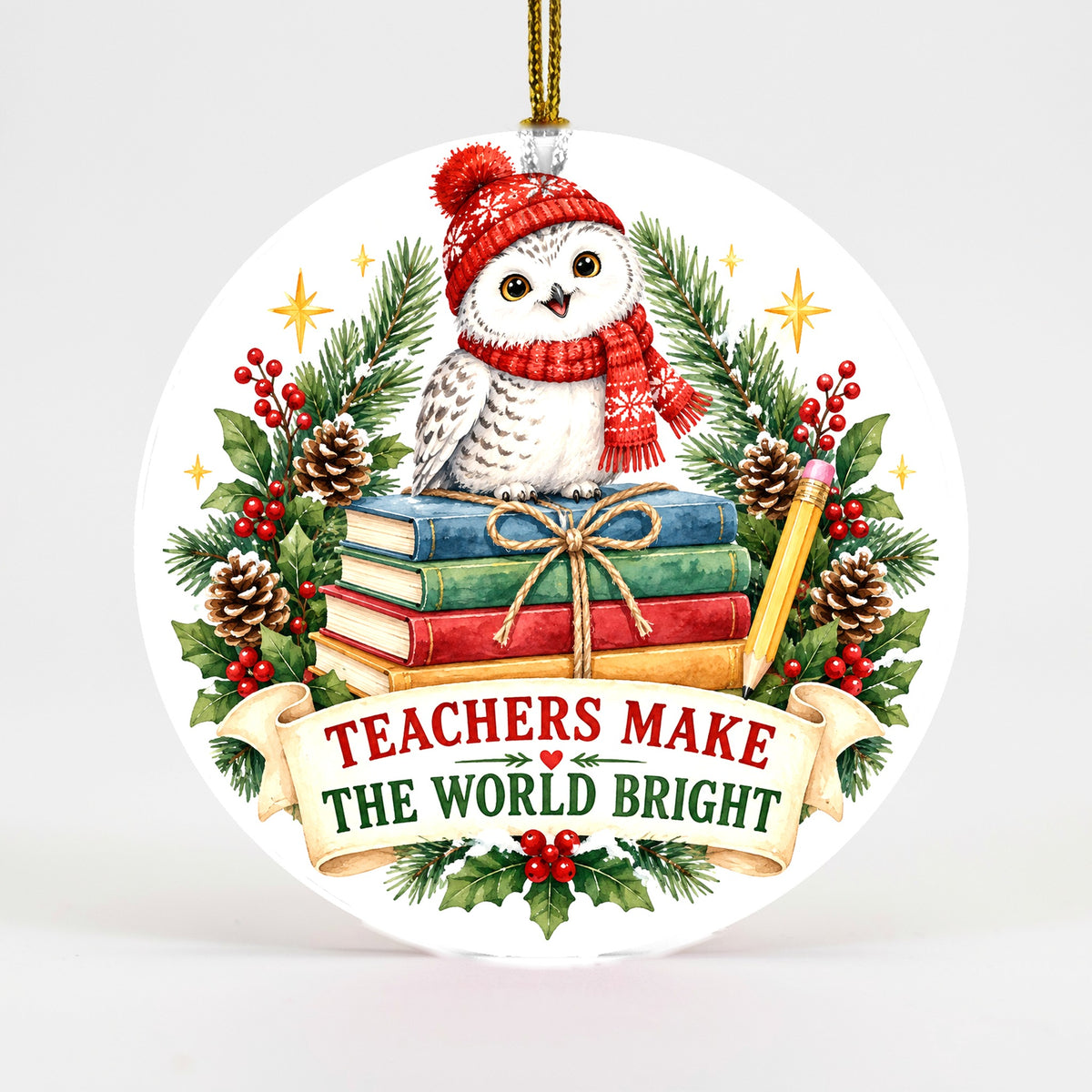 Storybook Owl Teacher Appreciation Christmas Ceramic Ornament